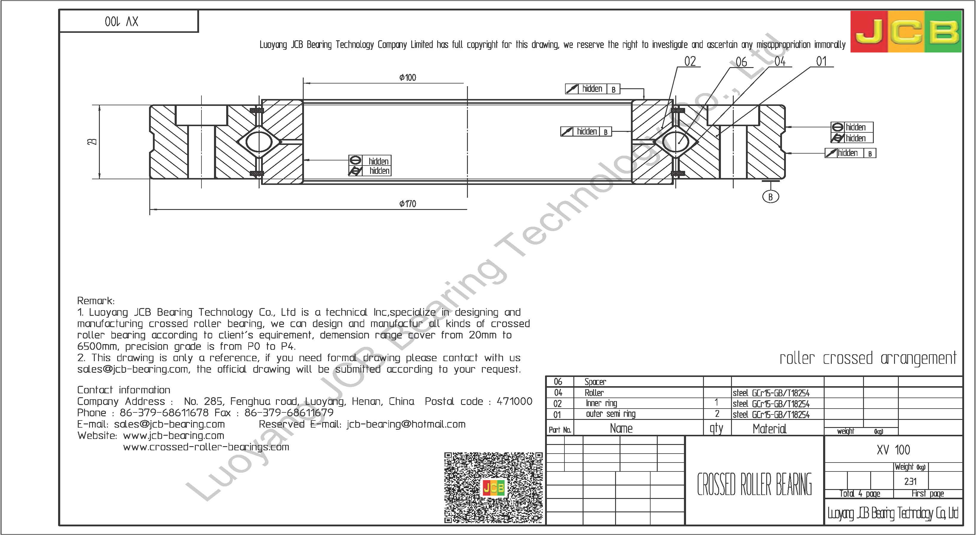 crossed roller bearing INA XV 100 - CROSSED ROLLER BEARING